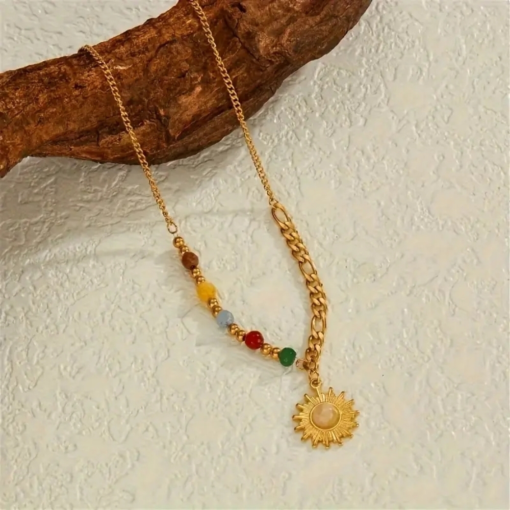 Radiant Gold Sun Pendant Necklace with Colorful Beads